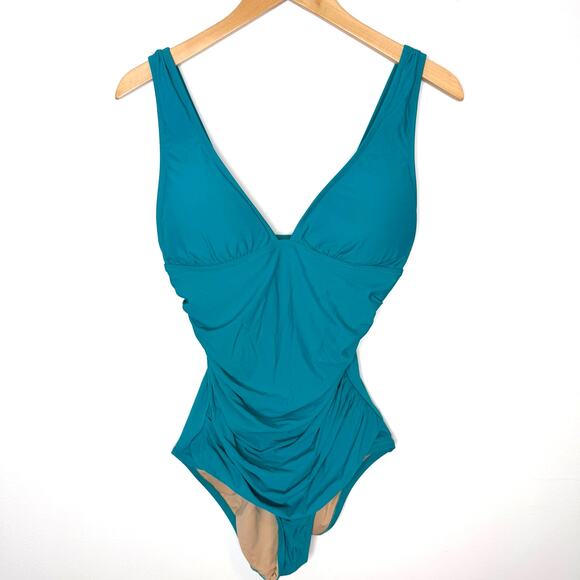 J. Crew Ruched V Neck One Piece Swimsuit In Teal Blue Green Size 8 Long Torso - Picture 2 of 10